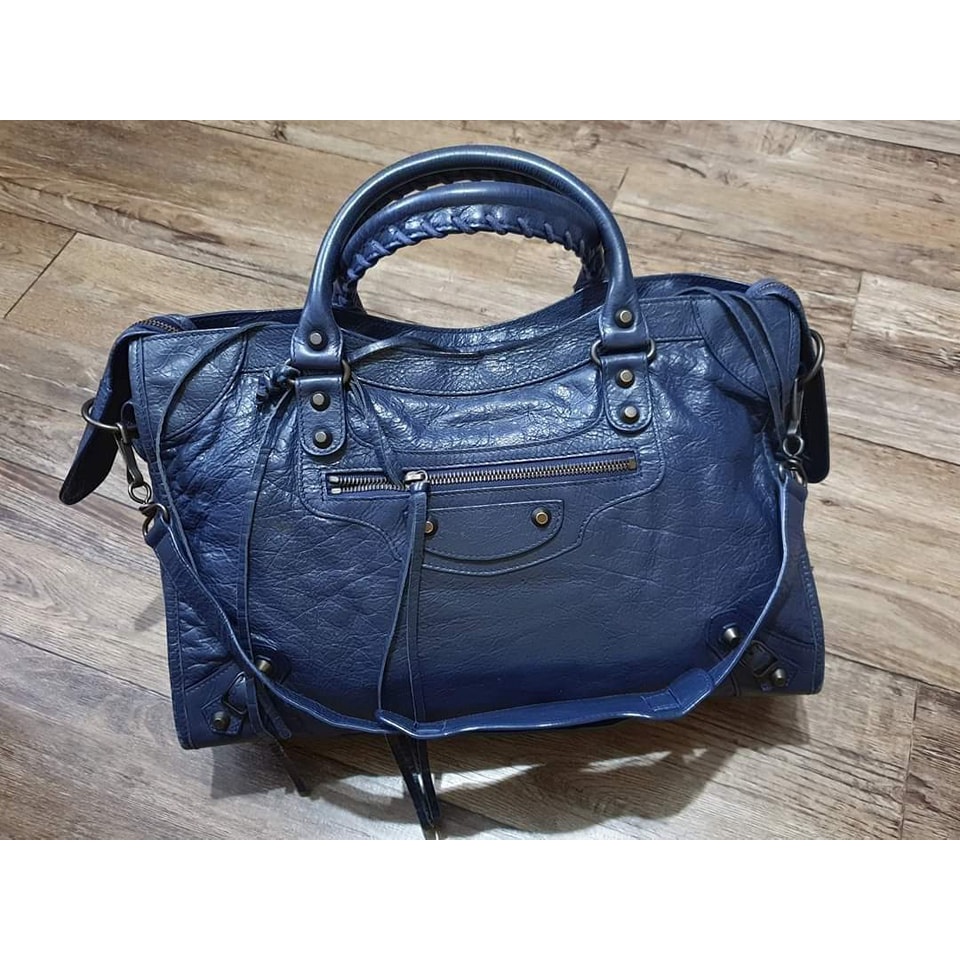 BALENCIAGA Classic City 丹寧海藍 × 小銅扣 皮革流蘇機車包 《 中古二手包 》