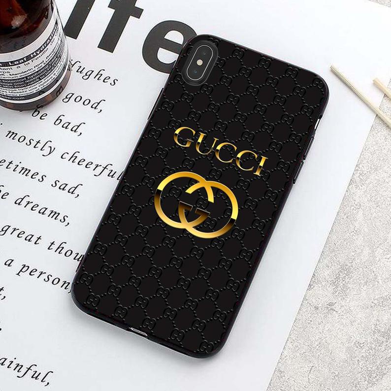 Gucci5 Gucci5 Relief Logo Gold Case 黑色印花硬殼手機殼保護套適用於 IPhone 1