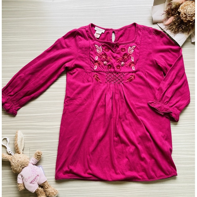 二手女童裝 英國monsoon 亮眼桃紅色 氣質刺繡花朵 民族風 長版上衣 棉質洋裝 連身裙 3歲 免運