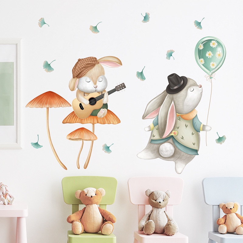 五象設計 卡通兔子兒童房裝飾貼門上氣球可愛動物貼紙蘑菇背景牆貼