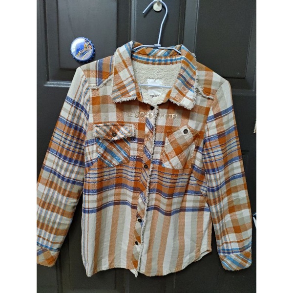🏷️現貨[gozo]橘底藍紋毛絨領厚棉襯衫