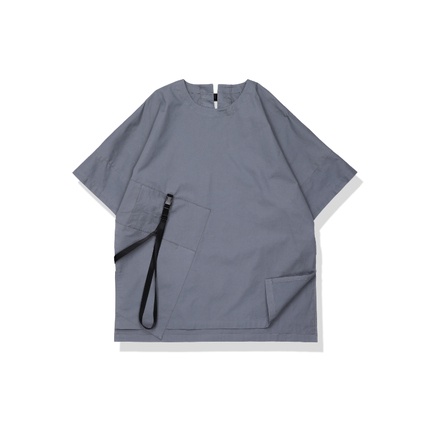 TMCAZ 機能感可單肩背寬鬆落肩純棉梭織多口袋短袖圓領罩衫T恤