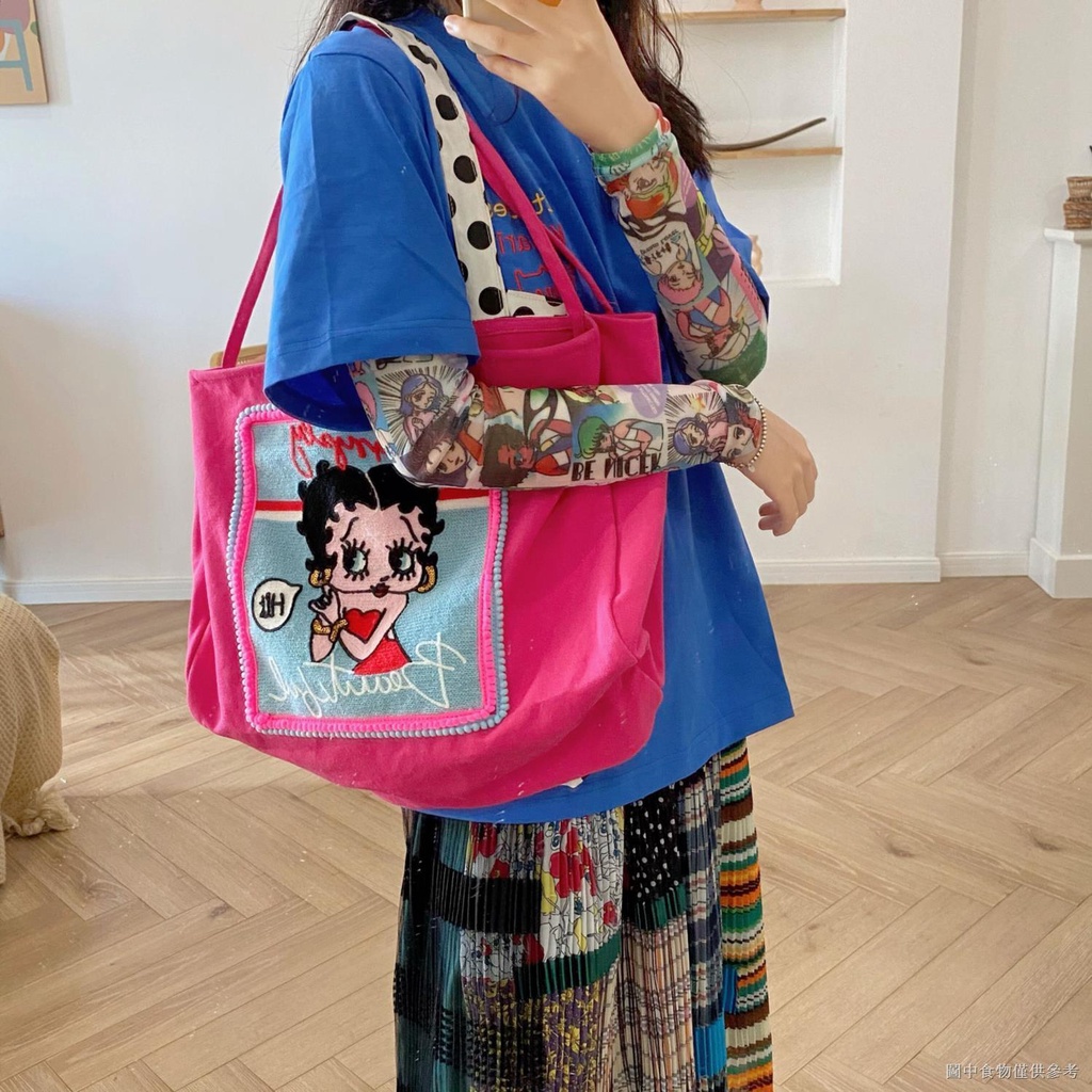 【Tyre bag】小眾設計貝蒂帆布包包女大容量粉色波點雙面拼接斜背包手提袋女包【2月11日發完】