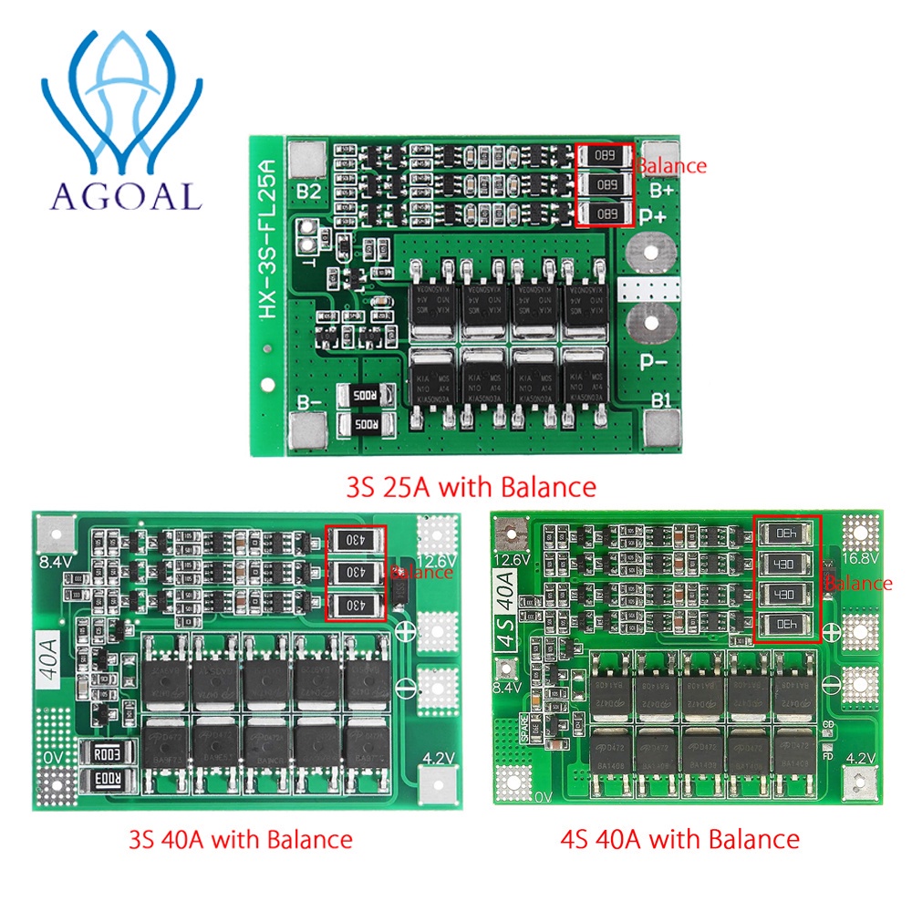 （現貨秒發）Agoal 18650鋰電池保護板 3S 4S 25A 40A 大電流，帶過充平衡放電電池