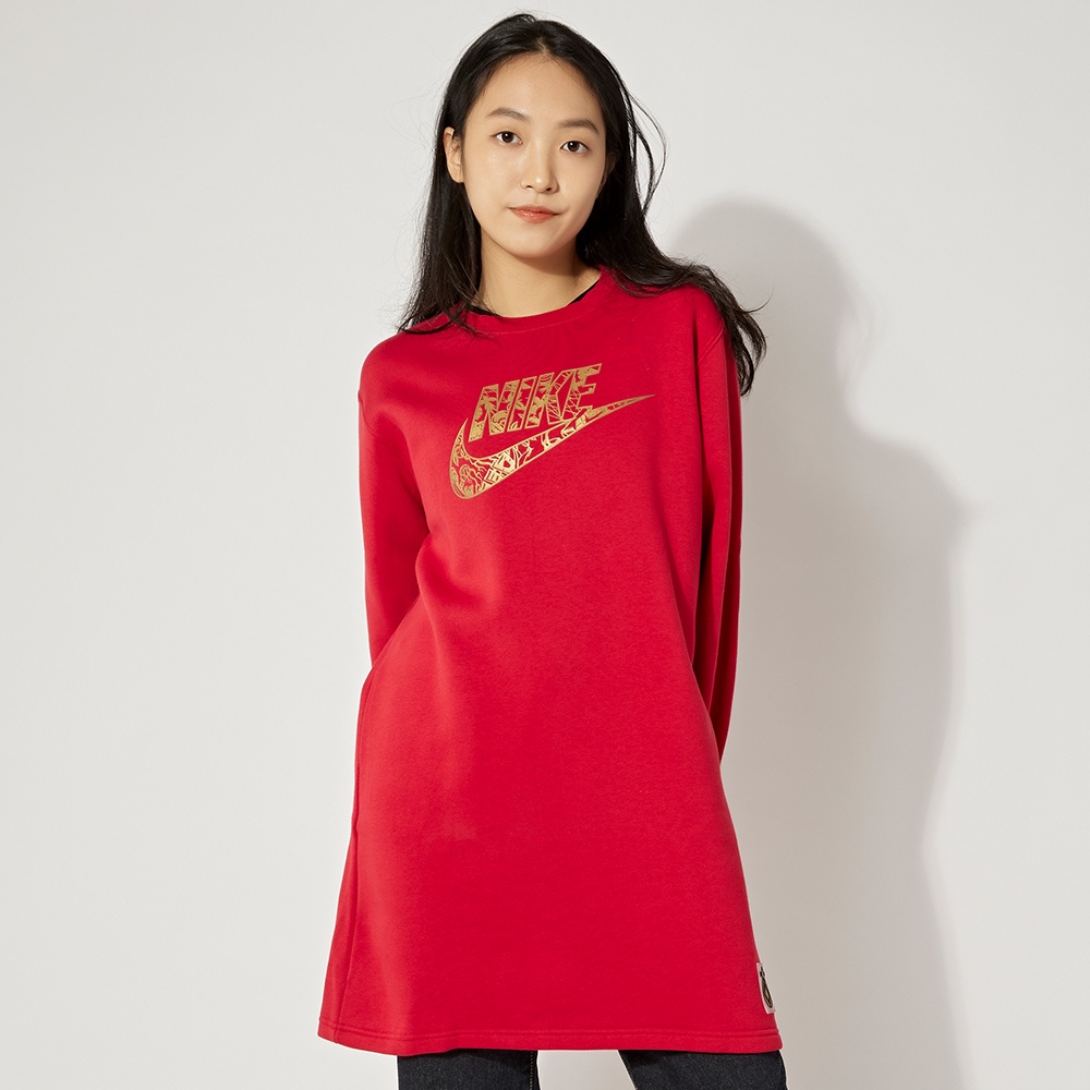 Nike AS NSW CNY CREW DRESS 女 紅 休閒 長版 刷毛 長袖 連身裙 CU3661-687