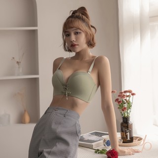 【DEPIC】爆乳抽繩無痕緞面手託杯低脊心無鋼圈內衣組 (綠色)｜dp select