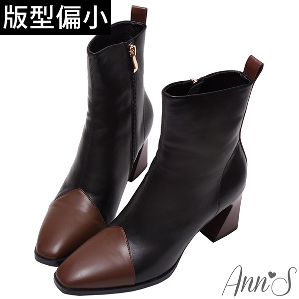 Ann’S高段位時尚-拼接色造型鞋根方頭短靴6.5cm-黑棕(版型偏小)