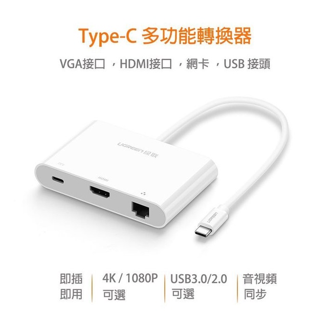 多功能Type-C轉VGA + 網卡 USB3.0接頭 TYPE-C供電 Type-C多功能四合一 投影機/筆電轉接