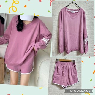 ♡summer room質感美衣♡長袖V領磨毛棉上衣＋短褲套裝