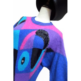 【 小纖維VINTAGE古著! 】時髦手工細節毛衣! 迷幻幾何 手工亮片珠飾 異質地 精緻古董毛衣 VINTAGE