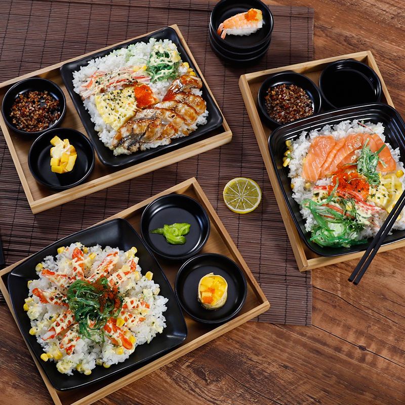 日式料理餐具套裝 鰻魚飯四方飯盤 正方形蓋澆飯竹盤創意搭配快餐盤