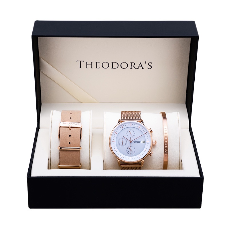 【THEODORA'S】手錶飾品1+2禮盒-女款 Mercury 太陽能手錶 三眼款-限定錶帶奶茶【希奧朵拉】