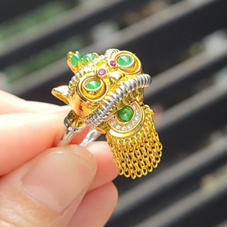 嗨，寶貝銀飾珠寶* 翡翠飾品☆925純銀鍍金 天然緬甸玉 保A貨 油亮 顯色 冰種綠翡翡翠祥獅獻瑞流蘇純銀銀戒指☆收藏