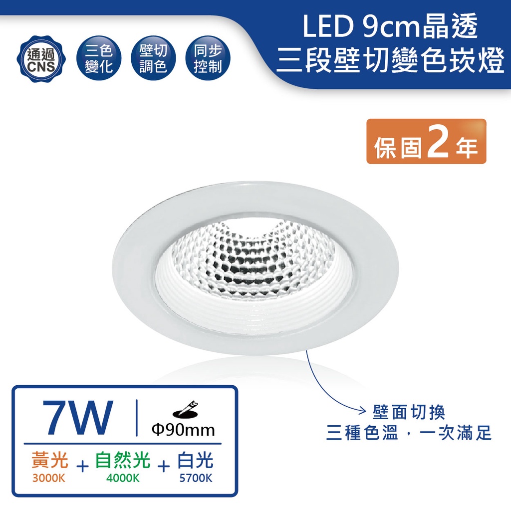 【舞光.LED】 9cm/7W晶透三色壁切變光崁燈(黃光+自然光+白光)【實體門市保固兩年】-9DOC7SW