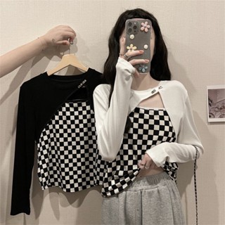 A141❥2件式棋盤格上衣〔2色〕❥秋冬女裝新款韓版INS韓系女裝 2件式上衣 女裝套裝 長袖棉T 格子 短版T 合身T