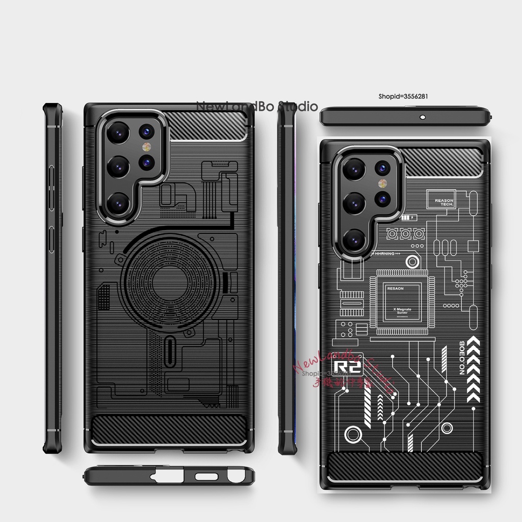 戰神拉絲 碳纖維紋理 朋克風科技線路圖 手機保護殼 Samsung Glaxy S22 S23 Note20 Ultra
