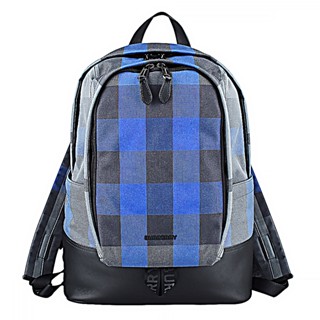 Burberry 格紋LOGO尼龍搭配牛皮拉鏈後揹包(大/藍)