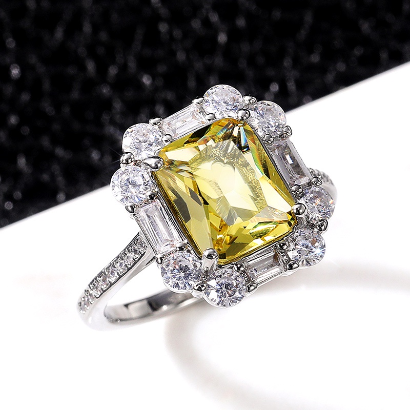 925 純銀華麗方形 CZ 設計女士結婚戒指結婚典禮派對新娘手指戒指黃色寶石奢華首飾