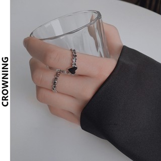 CROWNING💎嘻哈戒指ins復古暗黑輕奢愛心戒指環 黑桃A戒指 男女黑色心形開口可調節戒指 指環 C108