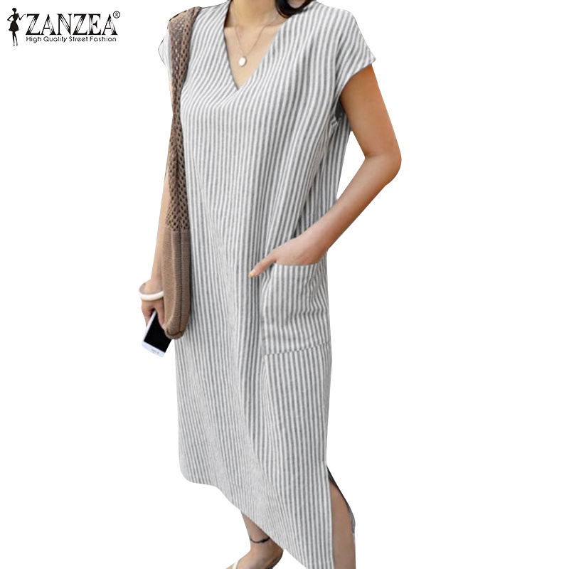 Zanzea 女士時尚 V 領條紋印花短袖溢出側連衣裙