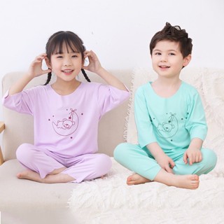 上衣+褲子 夏季薄款兒童素色九分莫代爾家居服中兒童柔軟透氣七分空調服兩件套