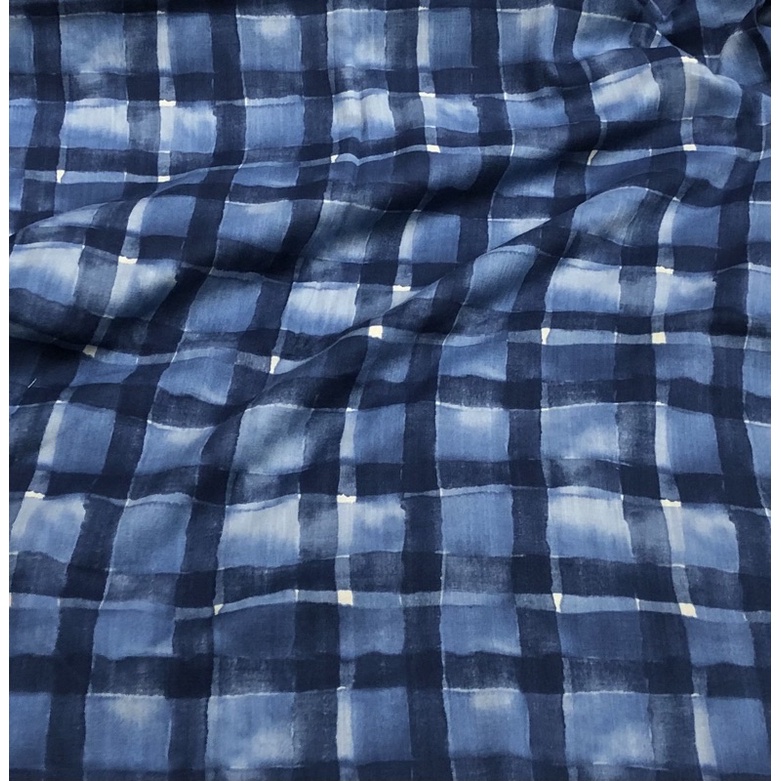 豬豬日本拼布 手繪格子 藍色款 二重紗二層紗材質
