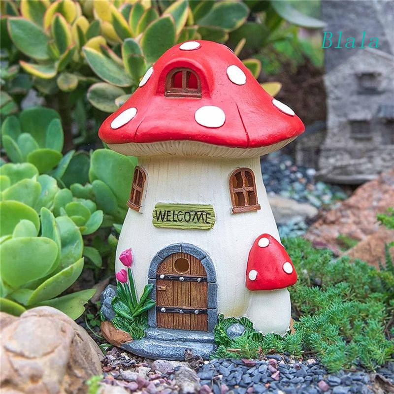 Blala 微型樹脂蘑菇屋,帶太陽能 LED 燈雕像花園裝飾