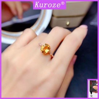 Kuroze 時尚鑲嵌天然黃水晶戒指鍍18k玫瑰金橢圓女戒
