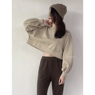 Clotcci 現貨✨反車線短版刷毛澎袖上衣/短版大學T女/刷毛大學T長袖上衣/短版上衣/刷毛上衣/泡泡袖上衣澎袖燈籠袖