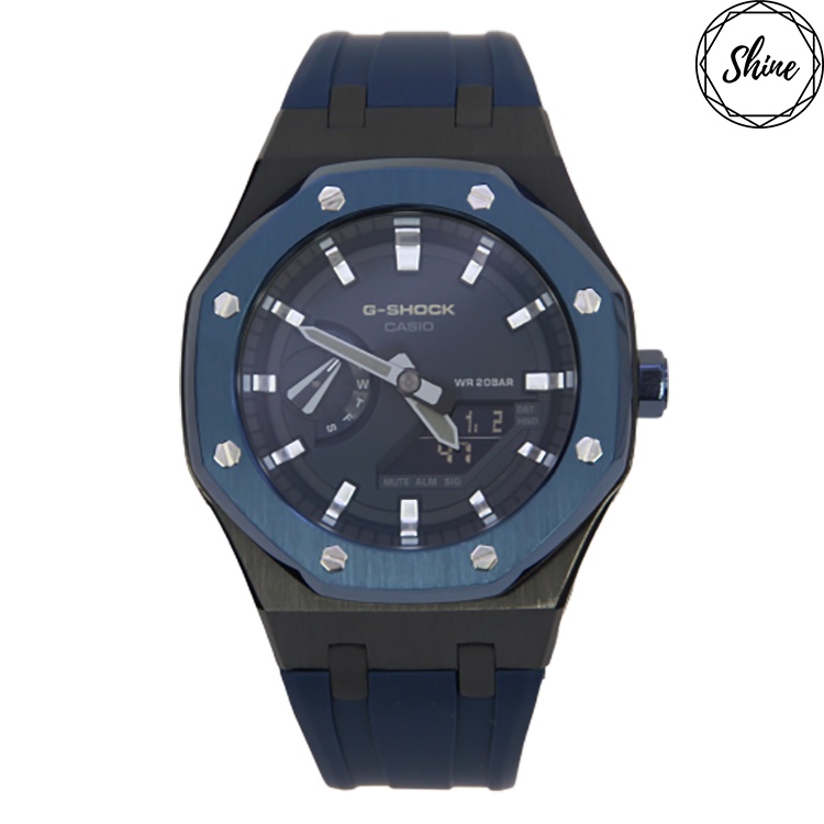 [Shinecollectionhk] 改裝ga-2110et-2 手錶 銀色12刻度 藍黑色不銹鋼錶冠設計殼 藍膠錶帶