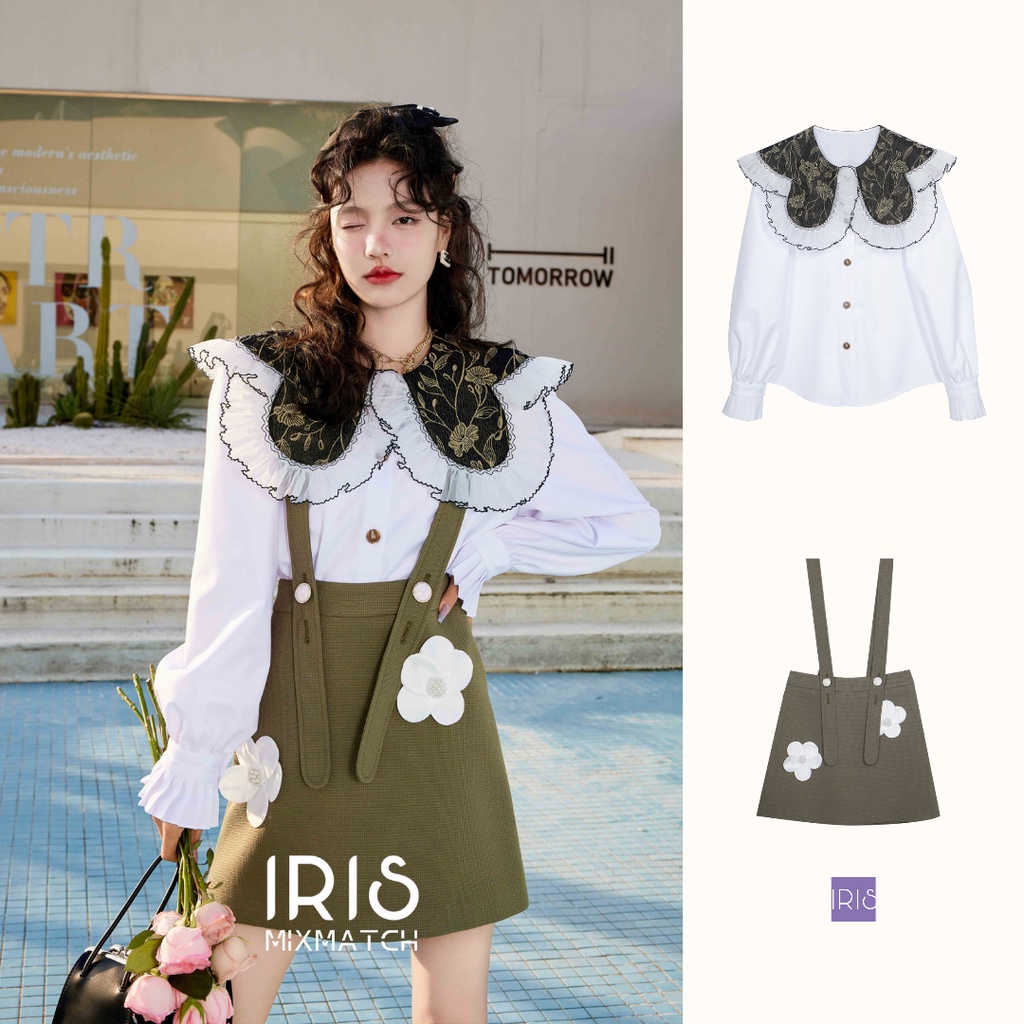 IRIS BOUTIQUE 泰國製造 小眾設計 春新款 白茶花襯衫女 騎士精神揹帶褲套裝女