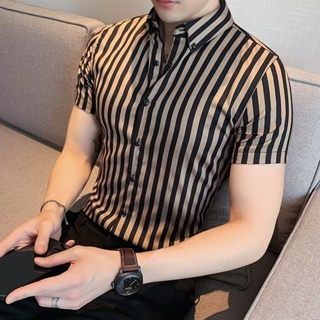 條紋短袖襯衫男 韓版潮流緊身帥氣免燙抗皺高級設計感商務休閒寸衣