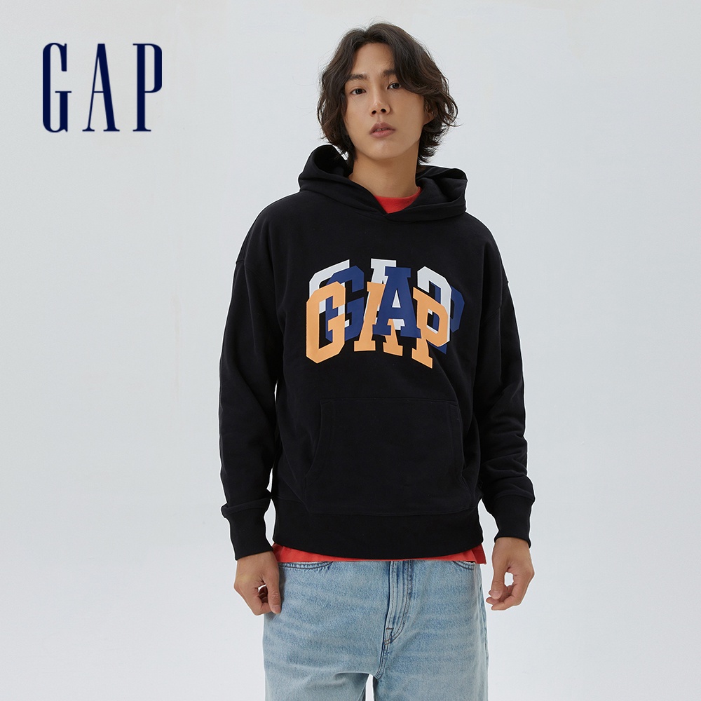 Gap 男女同款 Logo寬鬆長袖帽T 碳素軟磨法式圈織系列-黑色(601659)