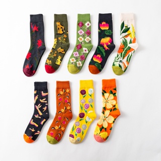 原創設計花朵系列中筒襪時尚男女全棉運動襪