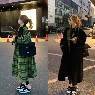 綠色格紋正反兩麵穿毛呢大衣女新版韓版寬鬆加厚長版外套小香風毛呢大衣 毛呢西裝外套 風衣外套 寬鬆 WFZT
