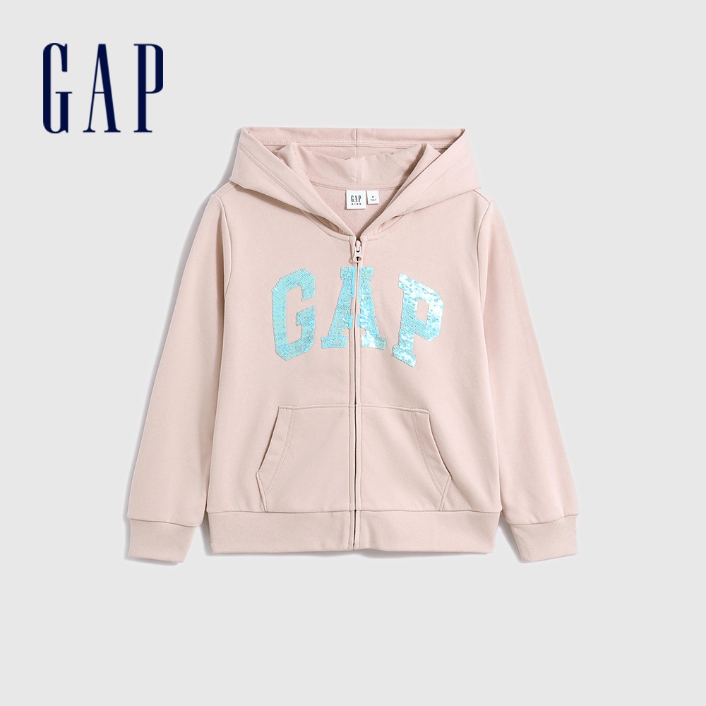 Gap 女童裝 Logo亮片連帽外套 碳素軟磨法式圈織系列-淡粉色(635069)