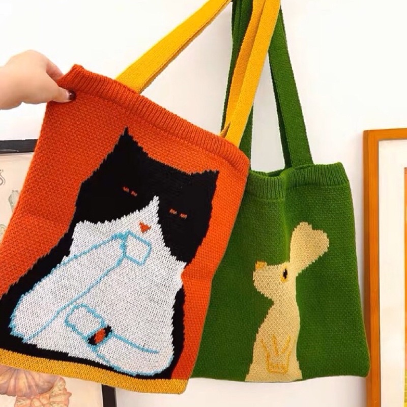 貓咪針織單肩包背包兔兔針織提袋編織包側背包環保購物袋黑貓賓士貓兔兔