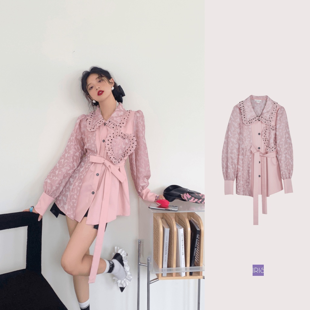 IRIS BOUTIQUE 泰國製造 小眾設計品牌 春季新款 櫻花粉蕾絲碎花襯衫拼接木耳邊短版洋裝