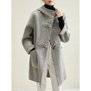 【優先好物】毛呢外套女2022鞦鼕新款英倫範連帽牛角型扣高級感寬鬆呢子大衣潮jioyh F33U