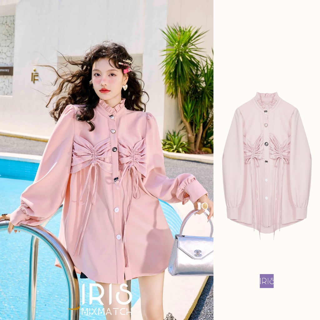 IRIS BOUTIQUE 泰國製造 小眾設計品牌 春季新款 桃子汽水  粉色襯衫棉花糖女長袖