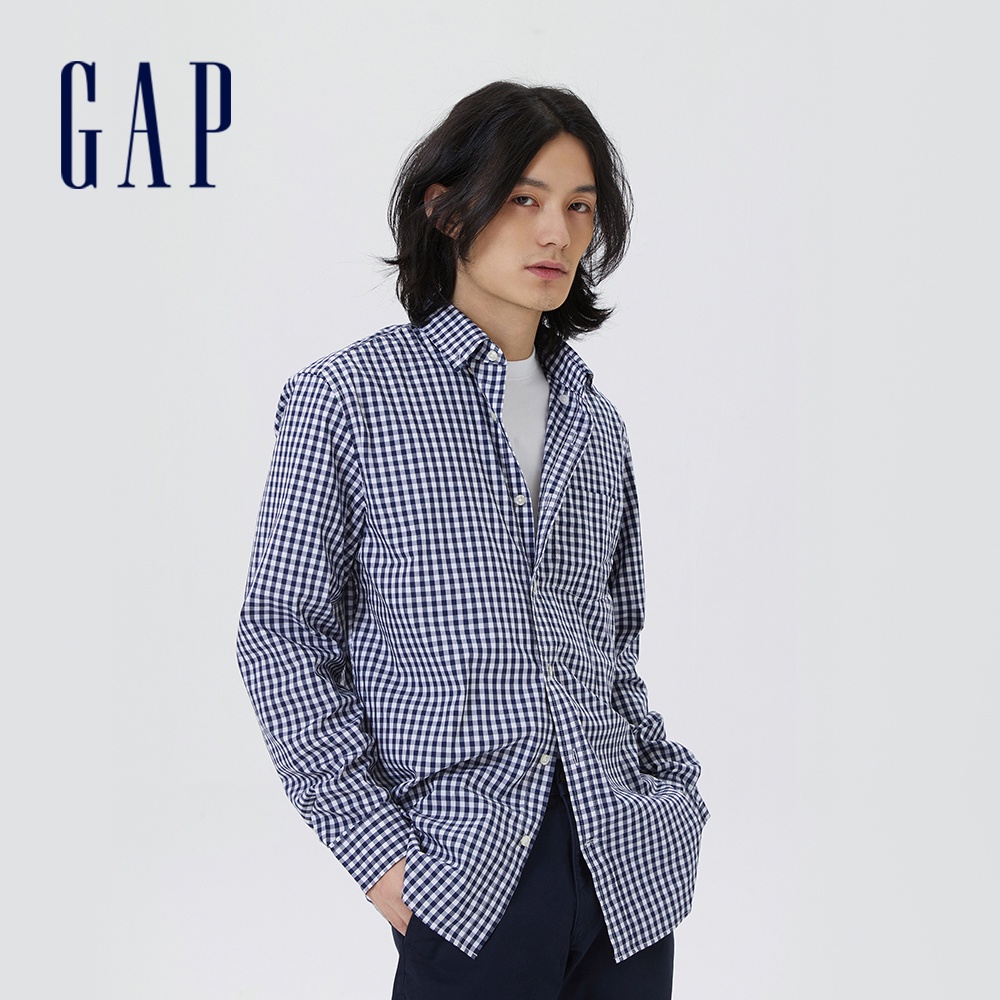 Gap 男裝 輕薄翻領長袖襯衫-藍色格子(802535)