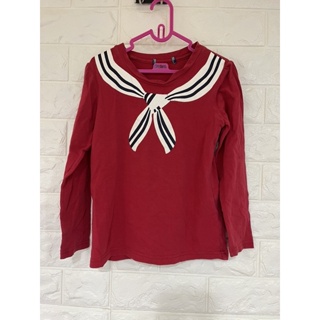《新品上架》二手9成9新（圓領）（正品Little moni ）/紅色搭蝴蝶結彩繪設計/舒適棉質兒童長袖上衣/長袖T恤。