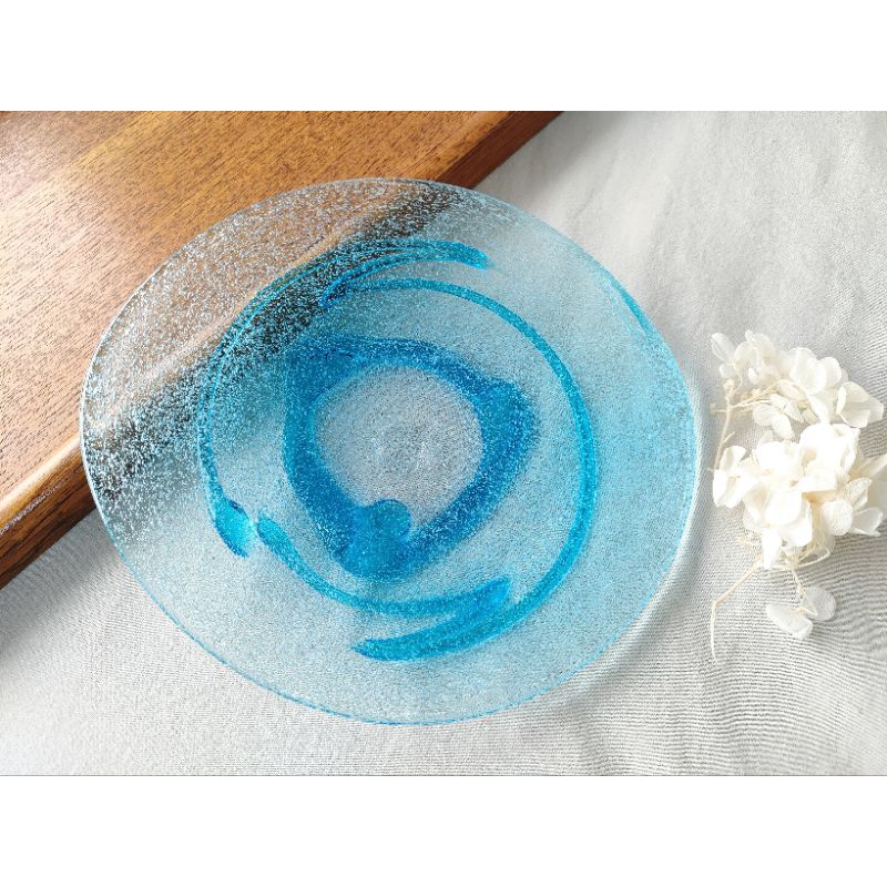 老木青 |全新日本沖繩傳統手作琉璃藝品 漩渦玻璃盤 氣泡 類津輕 早期 收藏