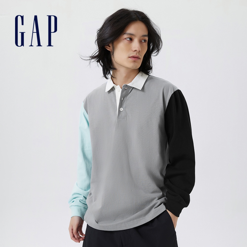 Gap 男裝 純棉長袖POLO衫 厚磅密織水洗棉系列-灰色(598818)