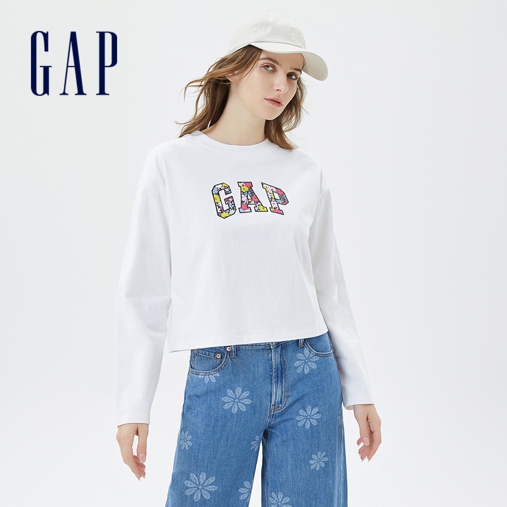Gap 女裝 Logo長袖T恤 厚磅密織水洗棉系列-白色(598222)