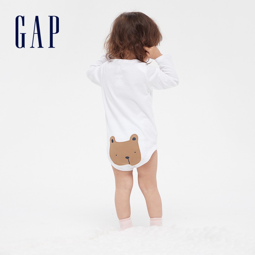 Gap 嬰兒裝 刺繡長袖包屁衣 跟屁熊系列-白色(663820)