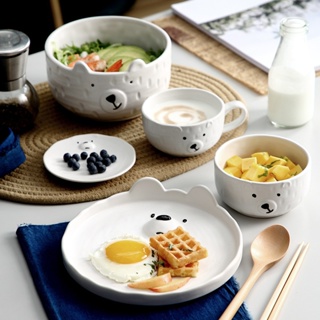 陶瓷碗 陶瓷盤子 韓版ins 白熊陶瓷碗碟 可愛卡通家用創意餐具套裝
