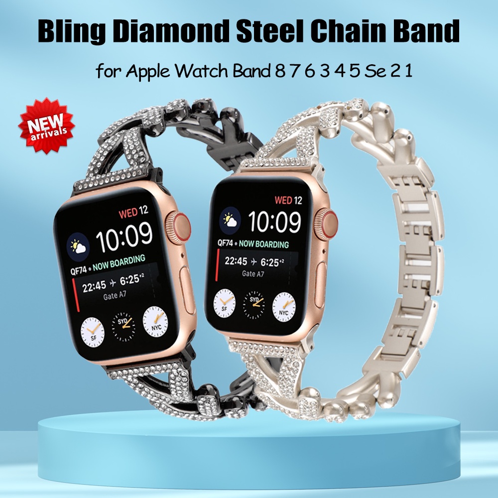 鑽石不鏽鋼蘋果錶帶 適用於 Apple watch 8 7 6 3 4 5  2 女士 38/40/41/44金屬錶帶