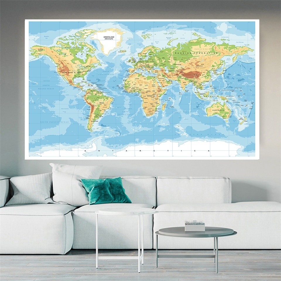 225 * 150cm 世界地圖 Mercator 投影無紡布帆布繪畫大海報牆壁裝飾學校用品高品質
