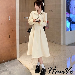 【HanVo】Polo領收腰華夫格長袖洋裝 韓版優雅舒適簡約修身顯瘦合身洋裝 韓系韓國女裝 女生衣著 3629